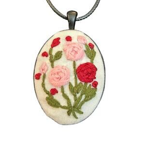 Pink Rose Garden Embroidery Necklace Handmade Pendant Jewelry